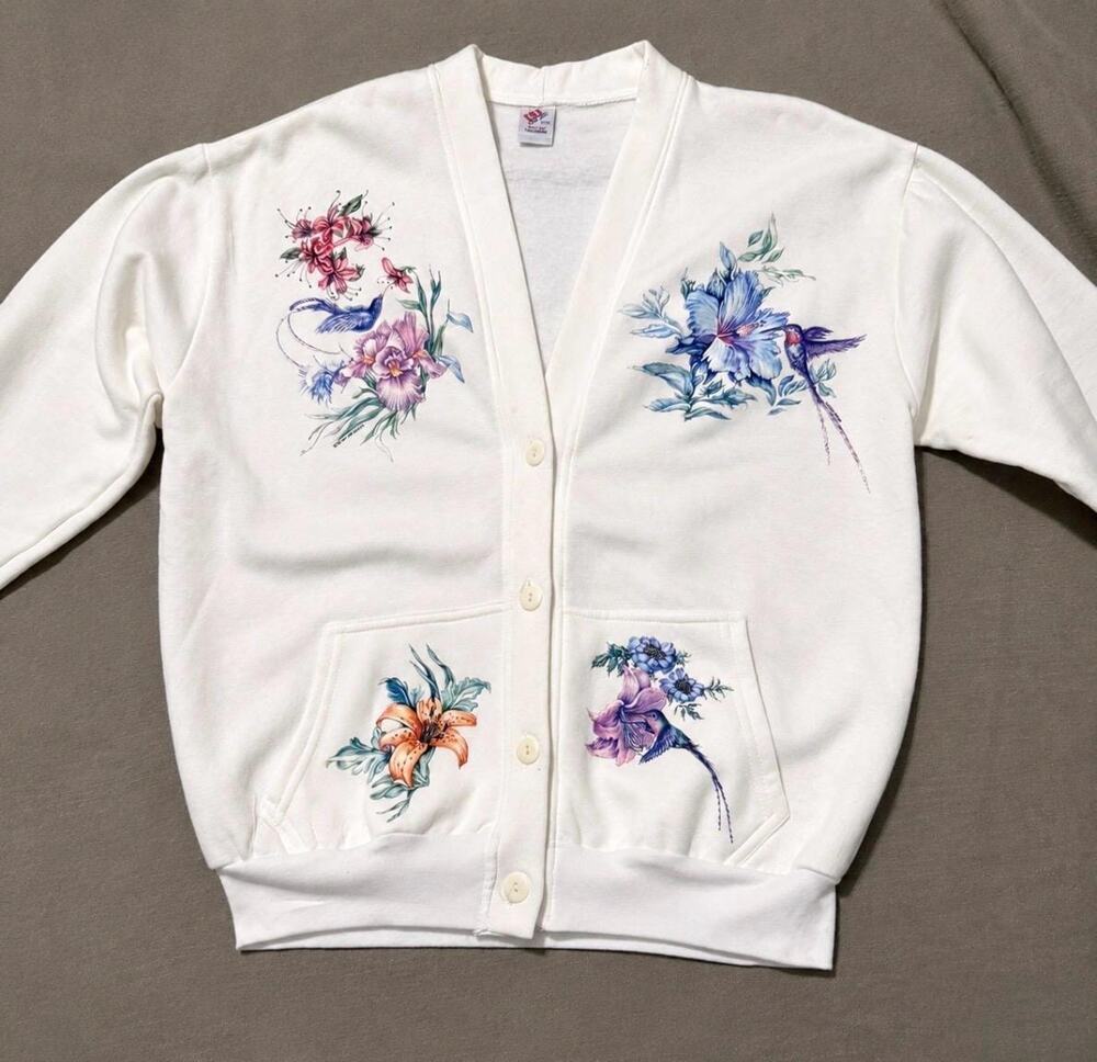 Vintage Air Waves Hummingbird Floral Sweatshirt Cardigan XL – Made in USA White